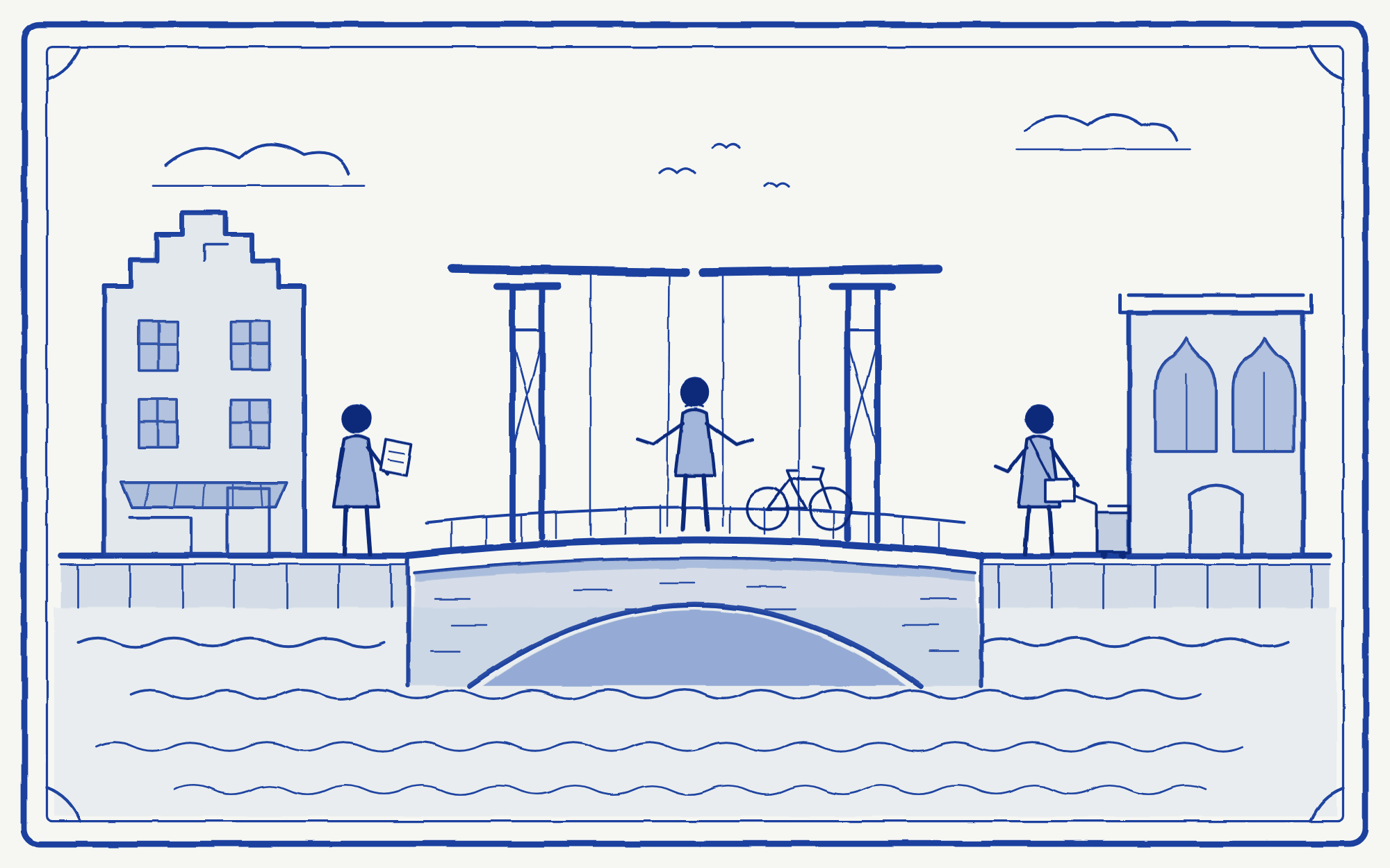 Delfts blauwe tekening van een ophaalbrug: links een ondernemer met haar vraag op papier, in het midden een connector met fiets, rechts een specialist die net is aangekomen.